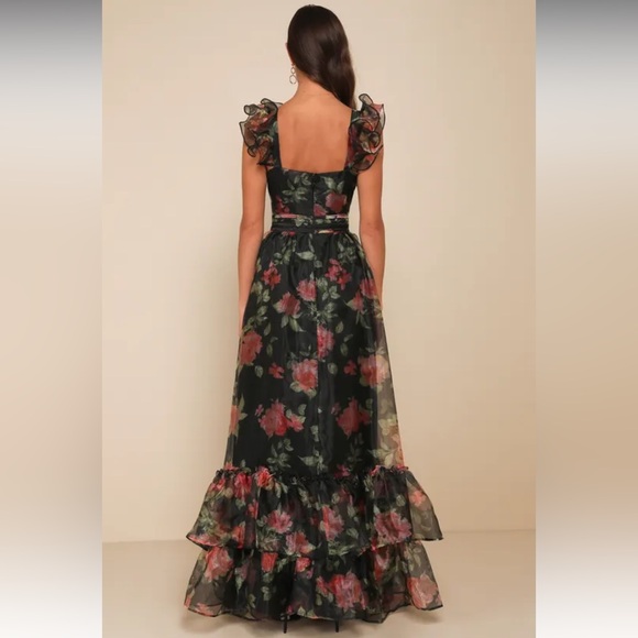 Lulus Befitting Glamour Black Floral Organza Ruffled Tiered Maxi Dress Sz Med - Picture 9 of 13